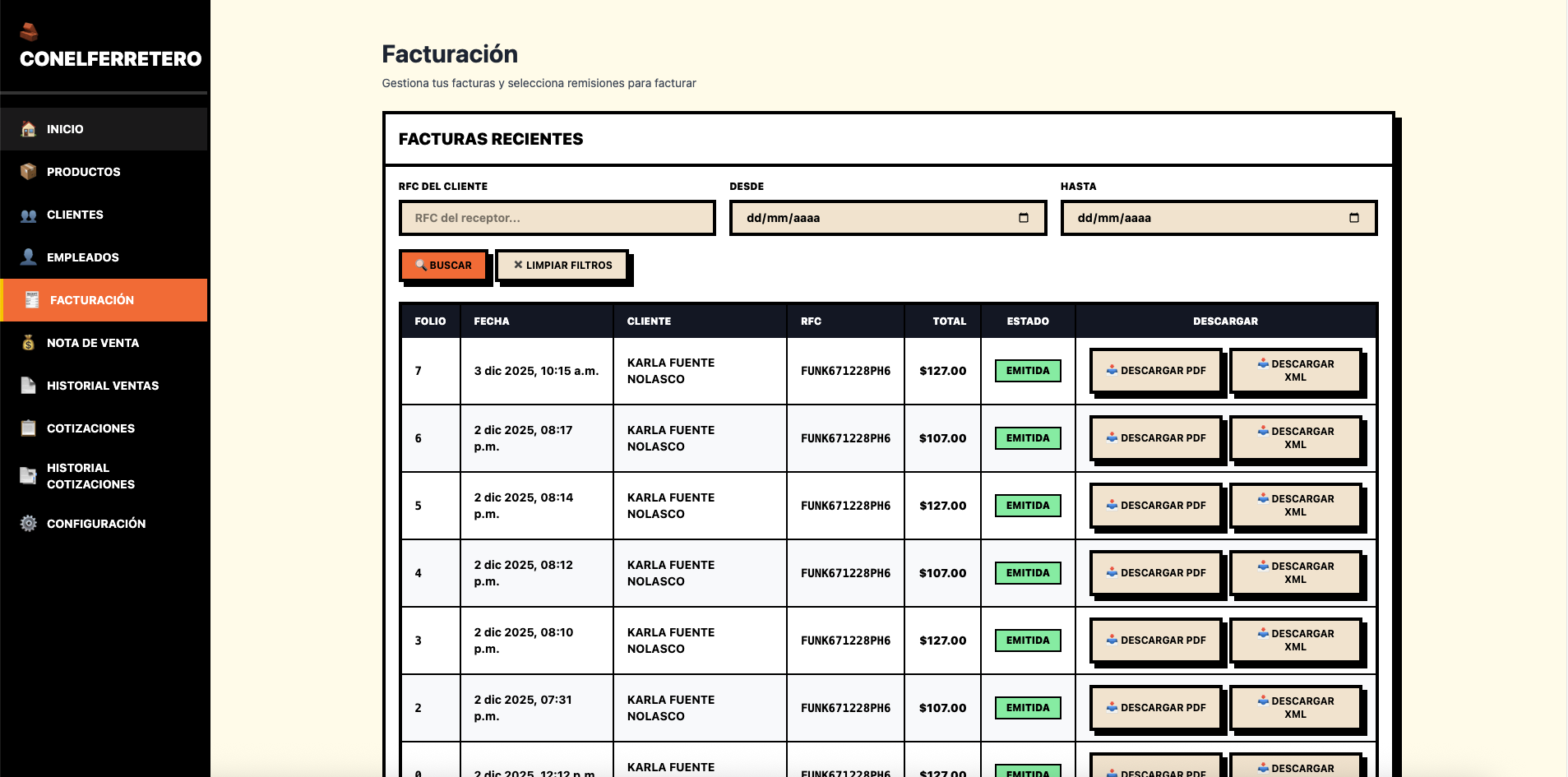 Módulo de facturación mostrando facturas recientes, totales e historial