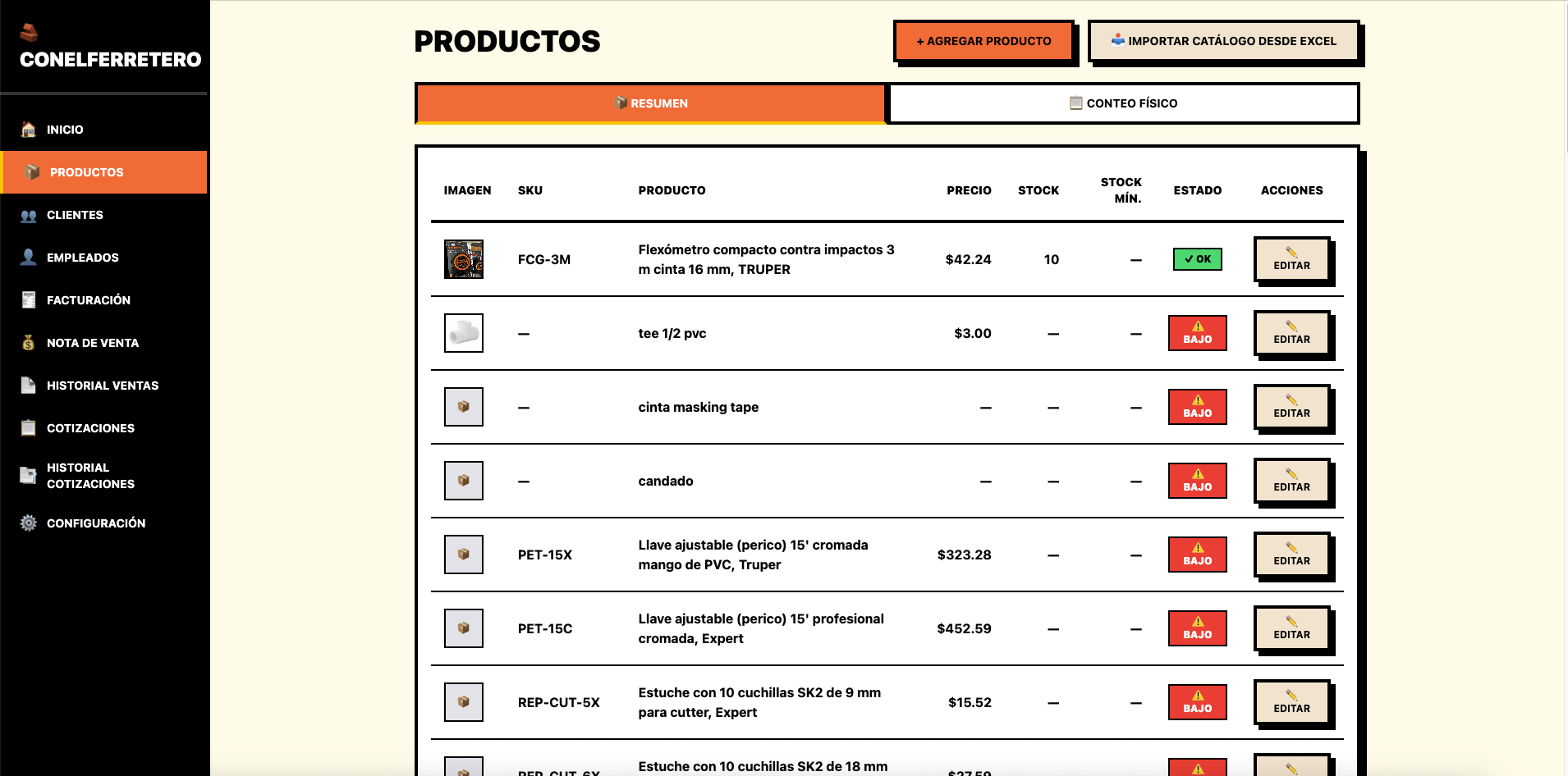 Panel de productos sencillo e inventario