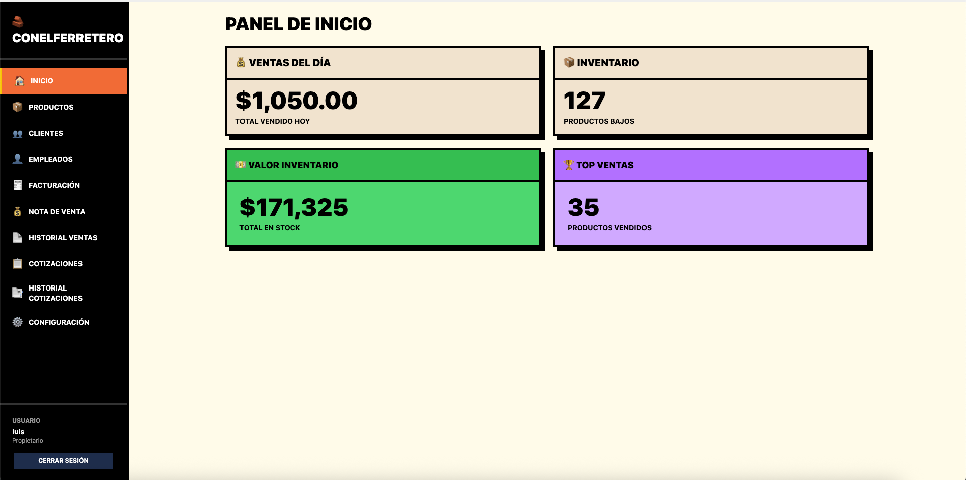 Panel principal del sistema ConElFerretero mostrando ventas del día e inventario
